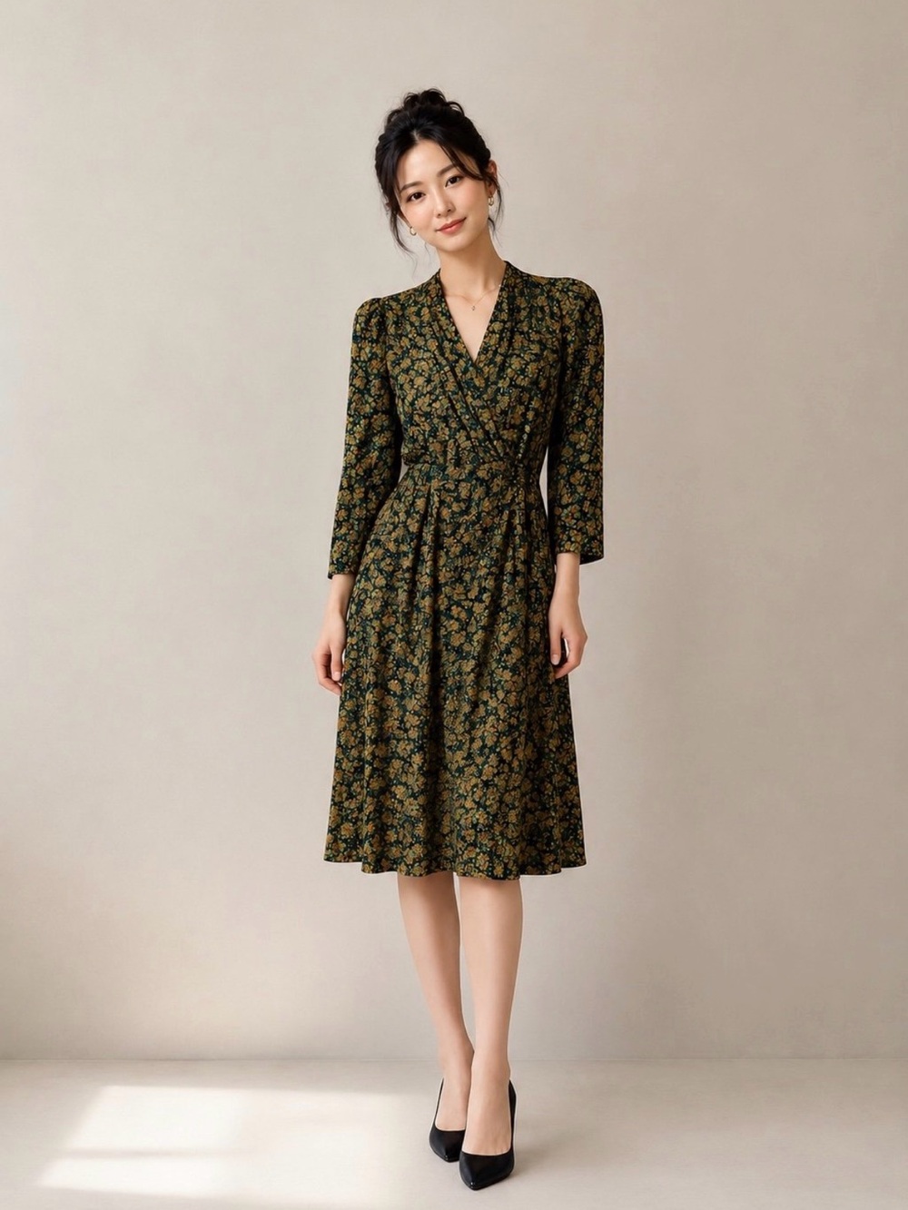 Japanese Vintage Floral Wrap Midi Dress in Olive Green